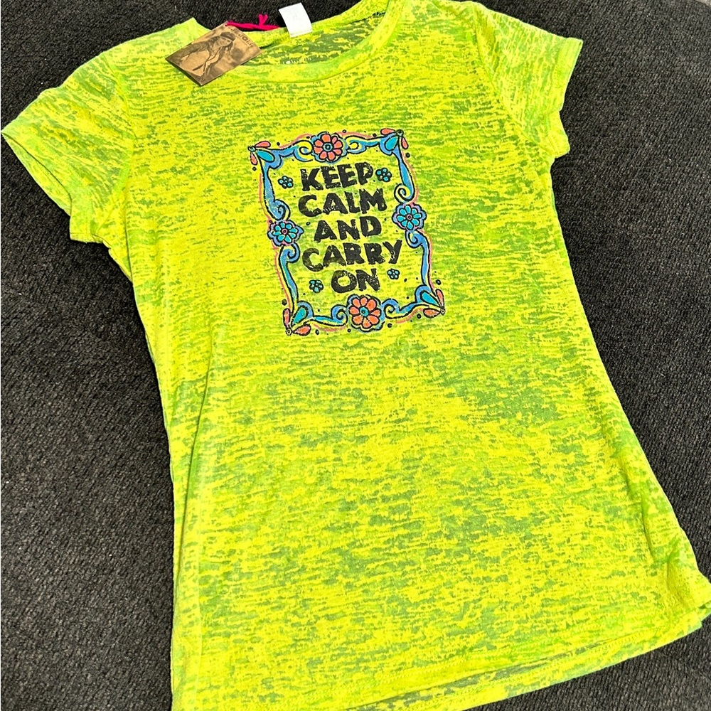 NWT - Natural Life brand  “Keep calm and carry on” lime green tshirt size M